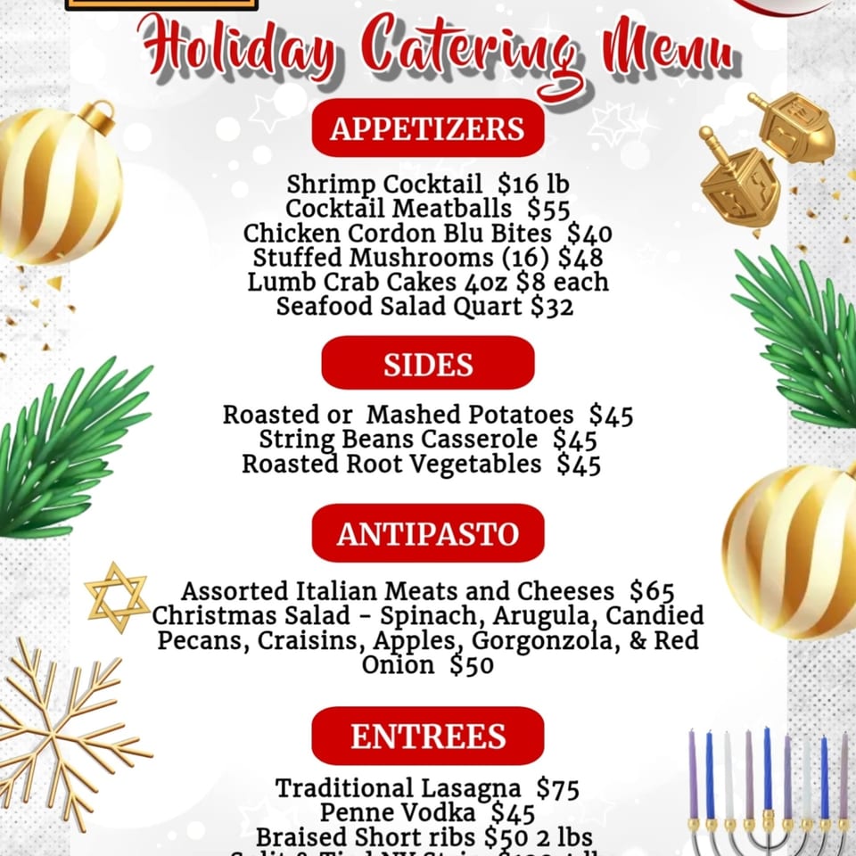 Nanuet Restaurant's Holiday Catering Menu, featuring appetizers, sides, antipasto, and entrees, with festive decorations.